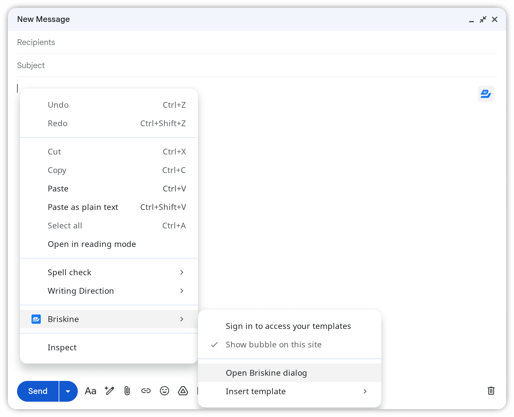 Opening the Briskine Dialog from the right-click context menu.