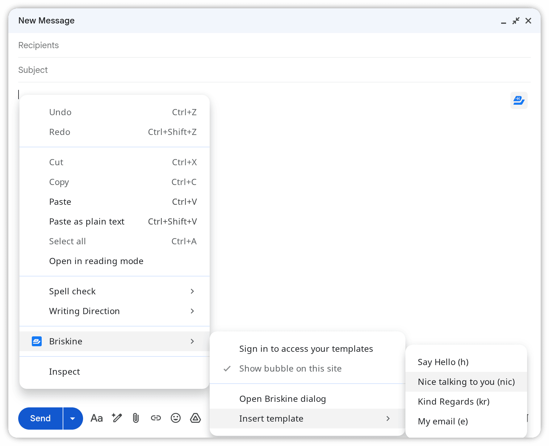 Insert templates from the right-click context menu.