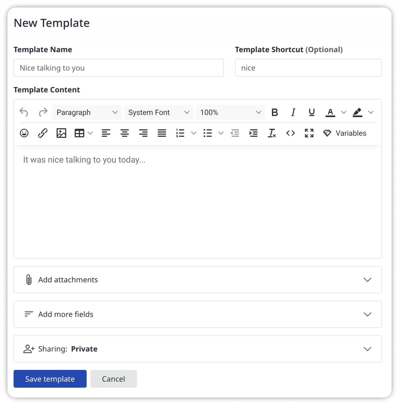 New template form in the Briskine Dashboard