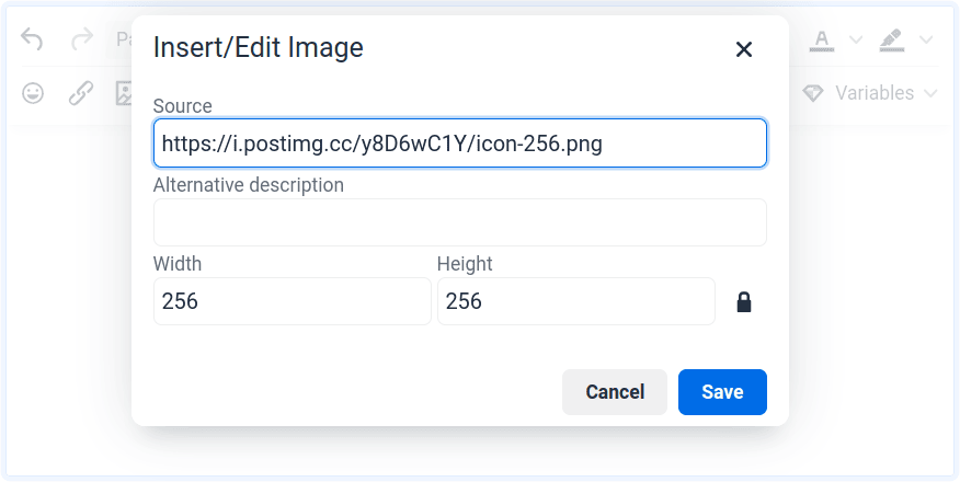Adding an image from a third-party image hosting website into the Briskine template editor.