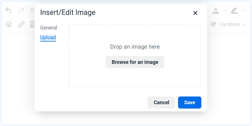 Uploading an image in the Briskine template editor.