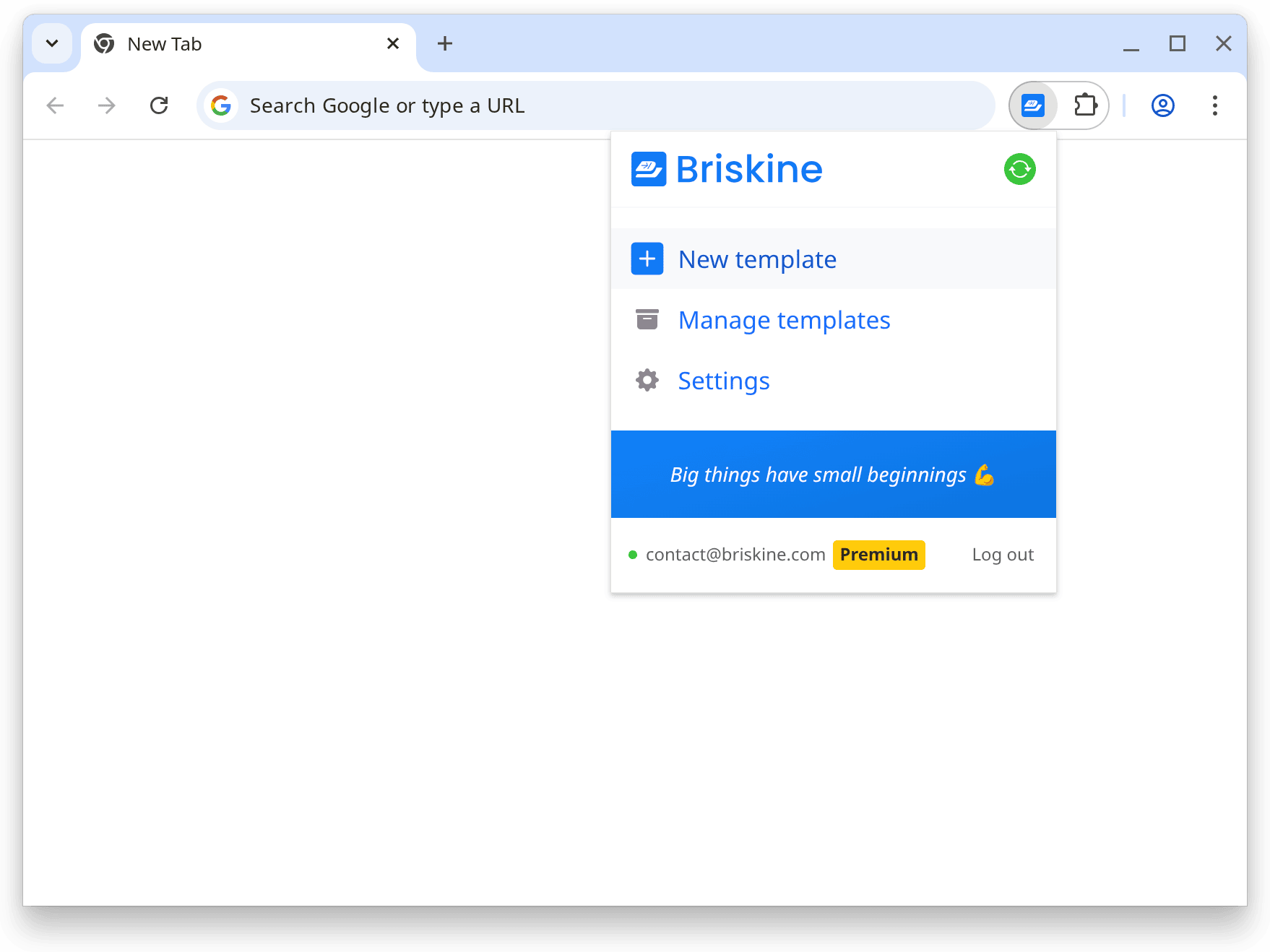 New template button in the Briskine extension popup