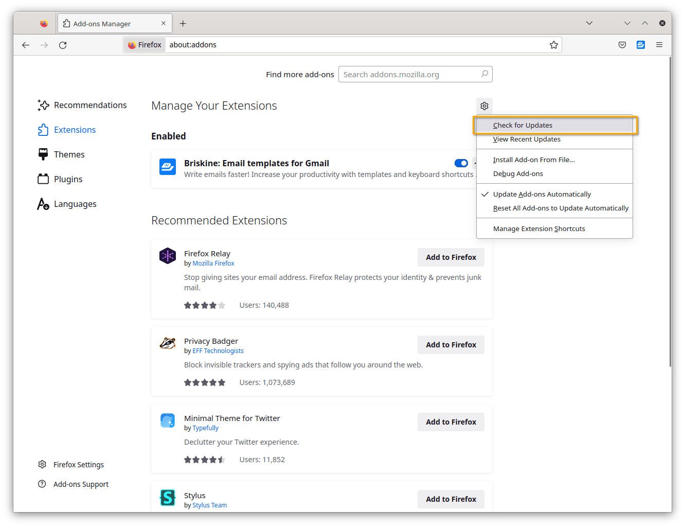 Update Briskine Firefox extension