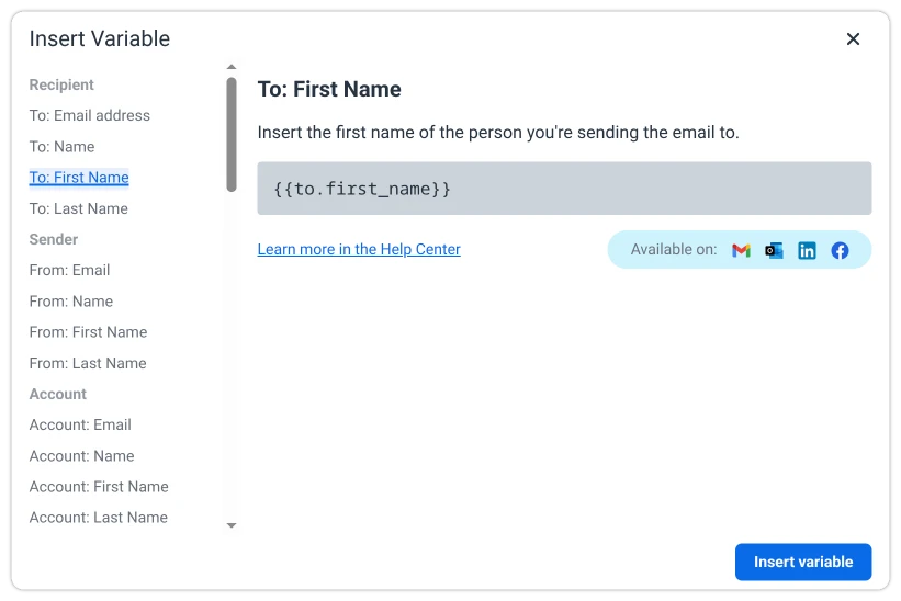 Insert Variables dialog from the template editor
